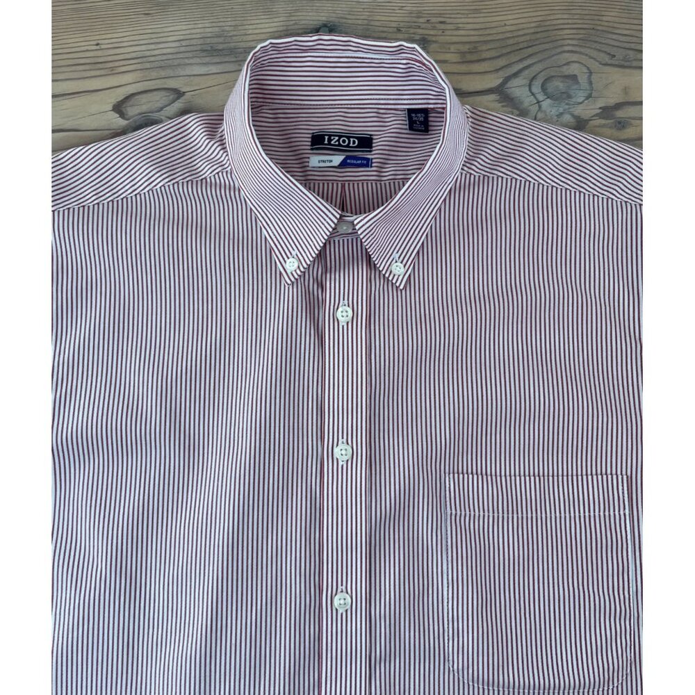 Izod Button Down Dress Shirt Mens 16-16.5 Red Stipe Regular Fit Long Sleeve